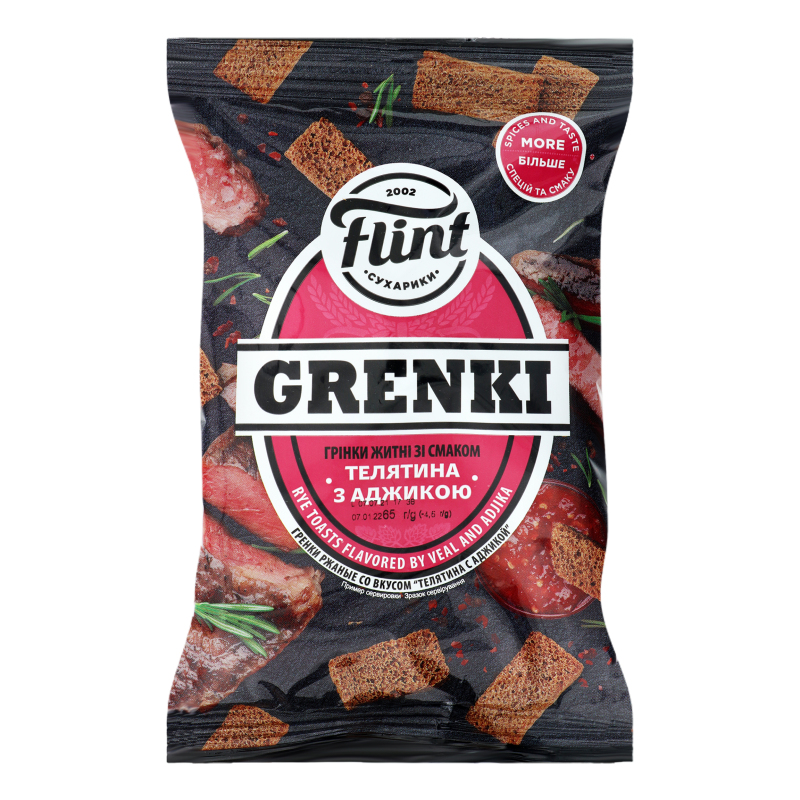 Maizes grauzdiņi rudzu ar teļa gaļu + adžiku 80g, Flint
