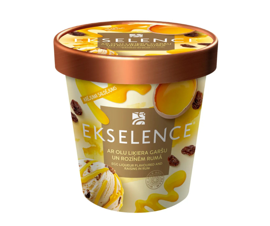 Saldējums krējuma ar olu liķiera garšu, olu liķiera g. mērci un rozīnēm rumā 500ml/ 270g, Ekselence